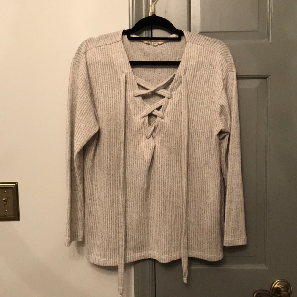 Gray Lace Up Sweater